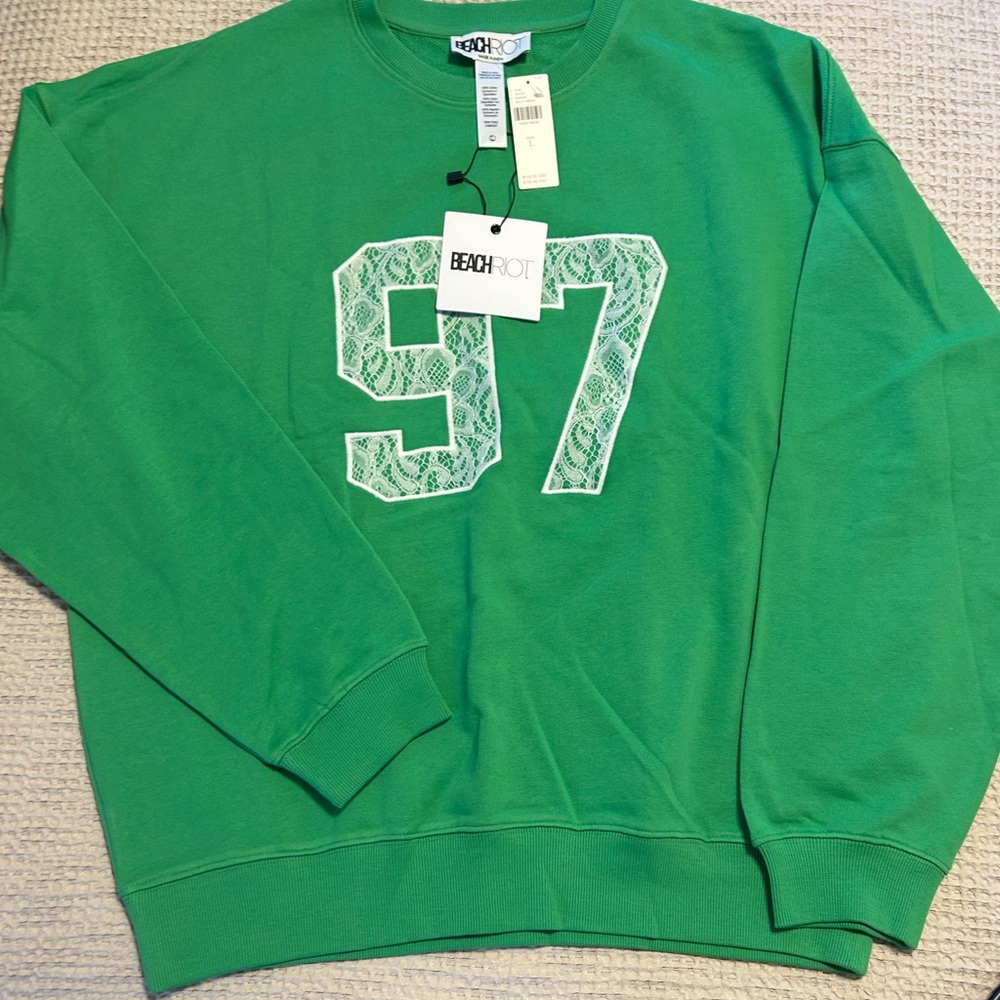 Beach Riot Green Crewneck Sweater with White Lace '97 Appliqué